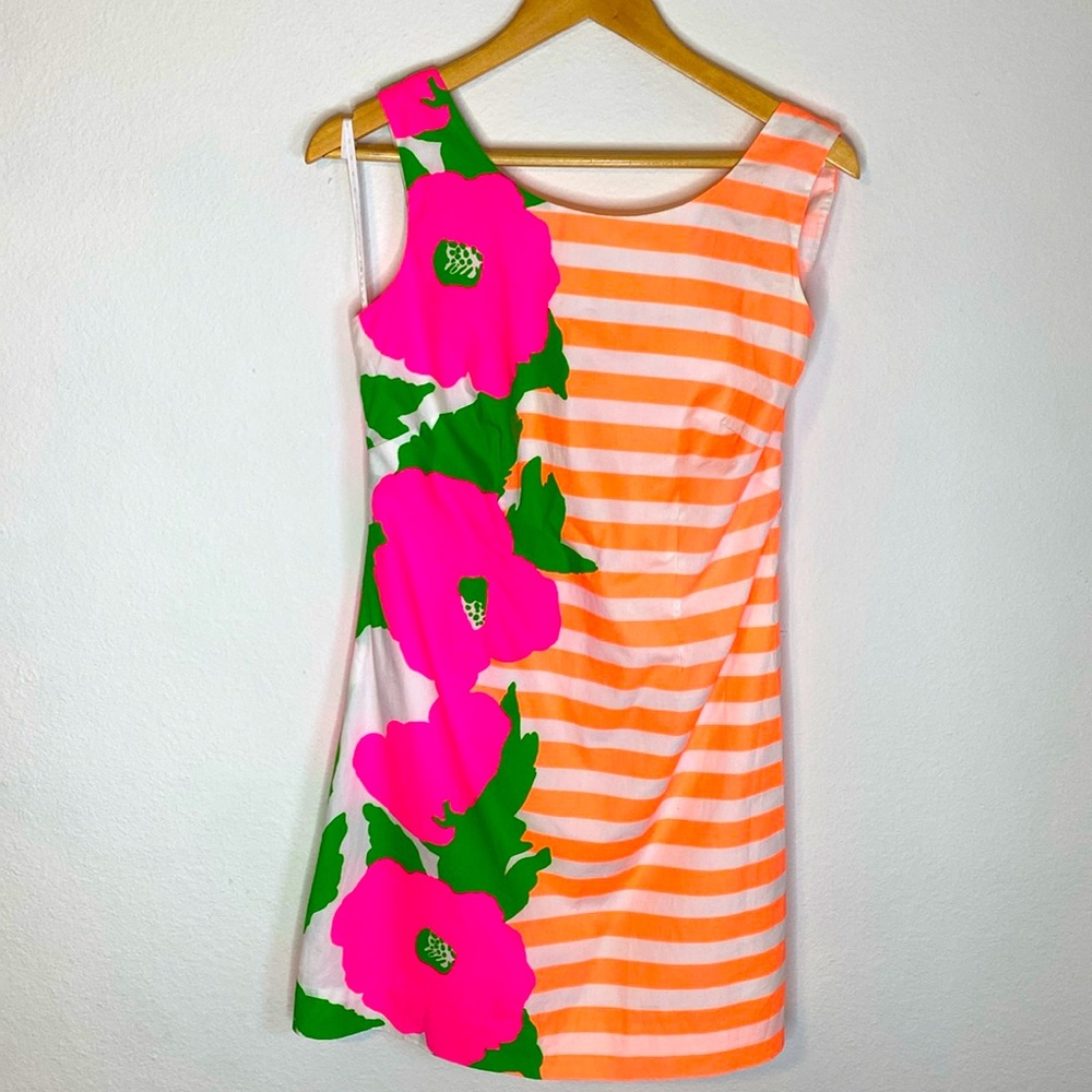 LILLY PULITZER Pink Floral and Orange Striped Shift Dress, Size 4